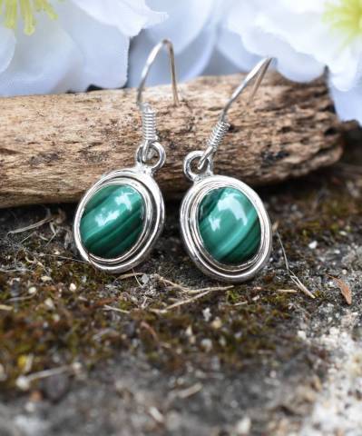 Boucles d'oreilles malachite et argent 925 favorisant la confiance en soi et anti-douleurs