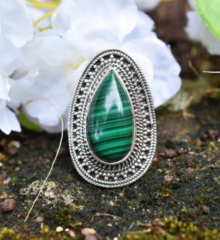 Bague malachite et argent 925 t54 favorisant la confiance en soi et anti-douleurs