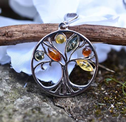 Pendentif arbre de vie ambre et argent 925