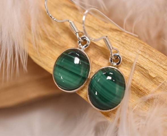 Boucles d'oreilles malachite et argent 925 favorisant la confiance en soi et anti-douleurs