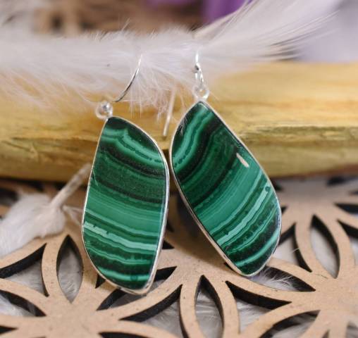 Boucles d'oreilles malachite et argent 925 favorisant la confiance en soi et anti-douleurs