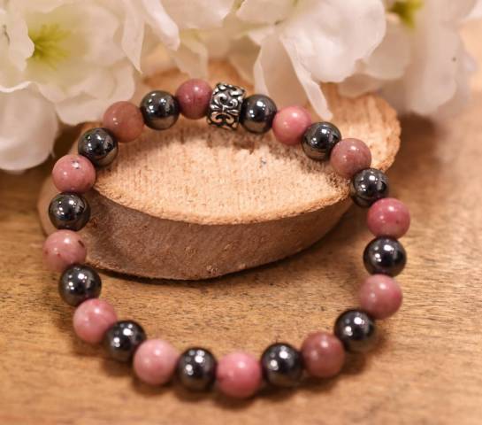 Bracelet rhodonite et hmatite perles de 8mm favorisant la tranquilit d'esprit