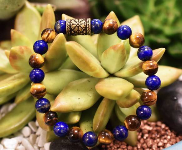 Bracelet lapis lazuli et oeil de tigre avec rune viking perles de 8mm  Protection et bien tre